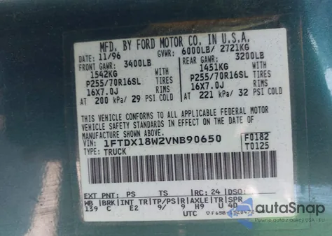 1997 Ford F-150 Lariat/Xl/Xlt from USA, damaged, VIN 1FTDX18W2VNB90650